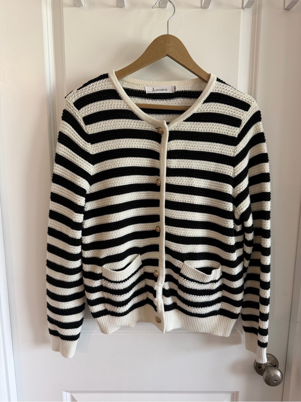 Anrabess Preppy Striped Knit sweater sz Small Black Off White soft cozy Office